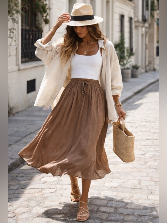Zara Dresses & Skirts - Zara Satin Midi Skirt Taupe Brown Flowy Elastic Waist Drawstring Size M